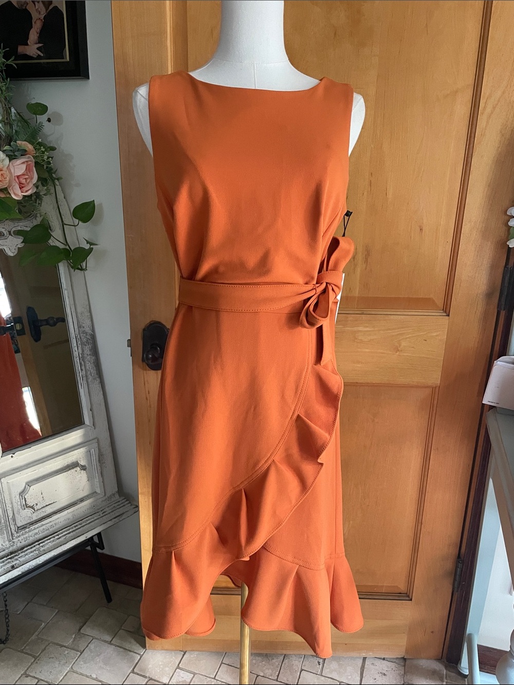 NWT Calvin Klein Orange Flounce Tie Waist Belt Size 8 Fall Office Party Flirty